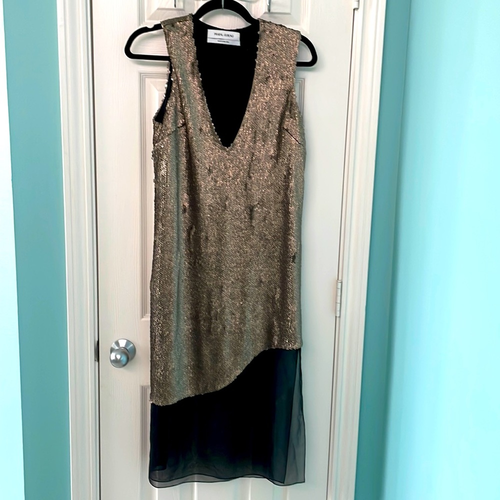 Prabal Gurung silver metallic sequin embellished dress with black mesh detail